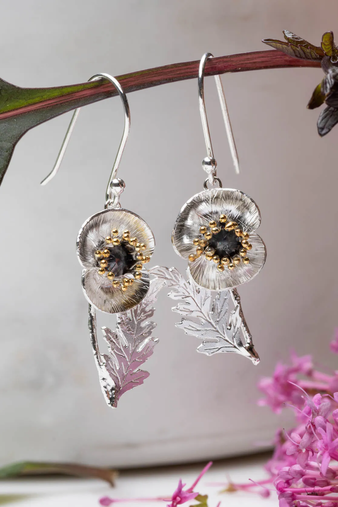 Poppy Flower And Leaf Drop Earrings