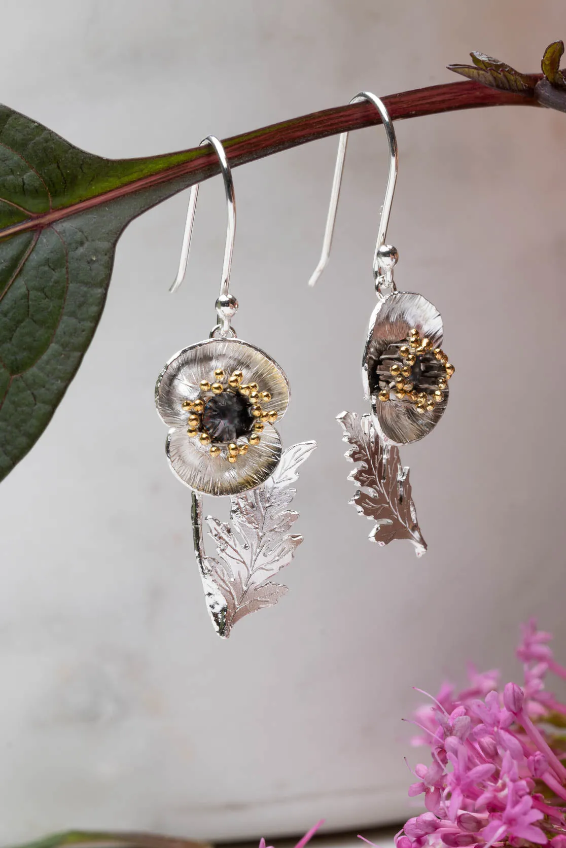 Poppy Flower And Leaf Drop Earrings