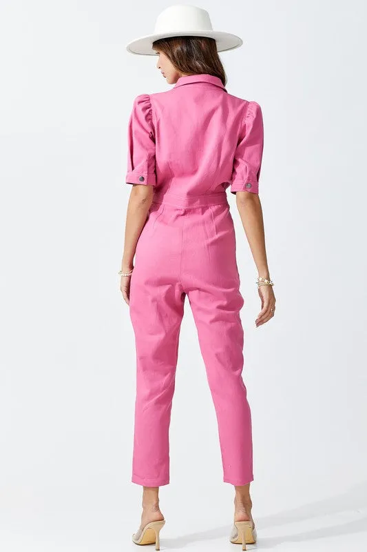 ROSE PUFF SLEEVE WRAP FRONT DENIM JUMPSUIT *limited*
