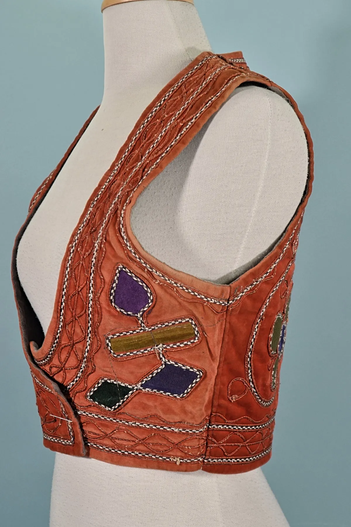 SOLD Vintage Ethnic Velvet Afghani Vest, Patchwork Applique