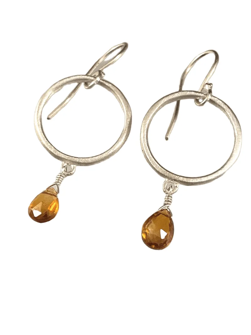 Sterling Circle and Citrine Drop Earrings
