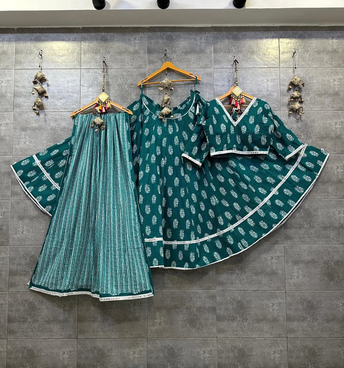 Teal & White Block Print Cotton Chaniya Choli with Mirror Lace