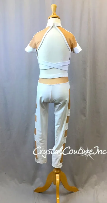 White Lycra Crop Top and Crop Leggings with Nude mesh insets